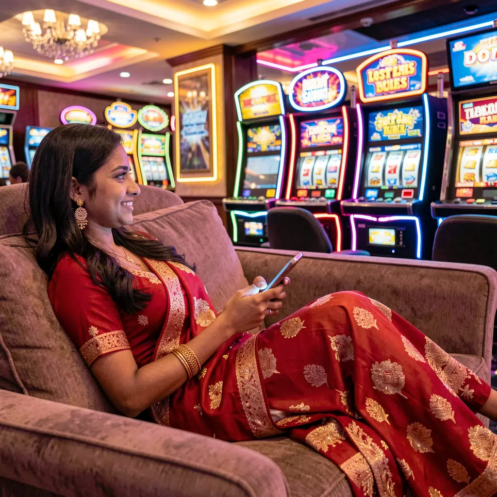 Professional Bangladeshi woman relaxing on a sofa while using the 62OK casino app with colorful slot machines and neon lights behind her